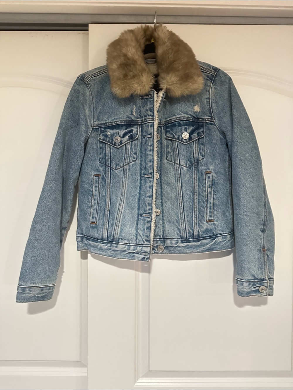Abercrombie & Fitch Light Blue Denim Jacket with Faux Fur Collar